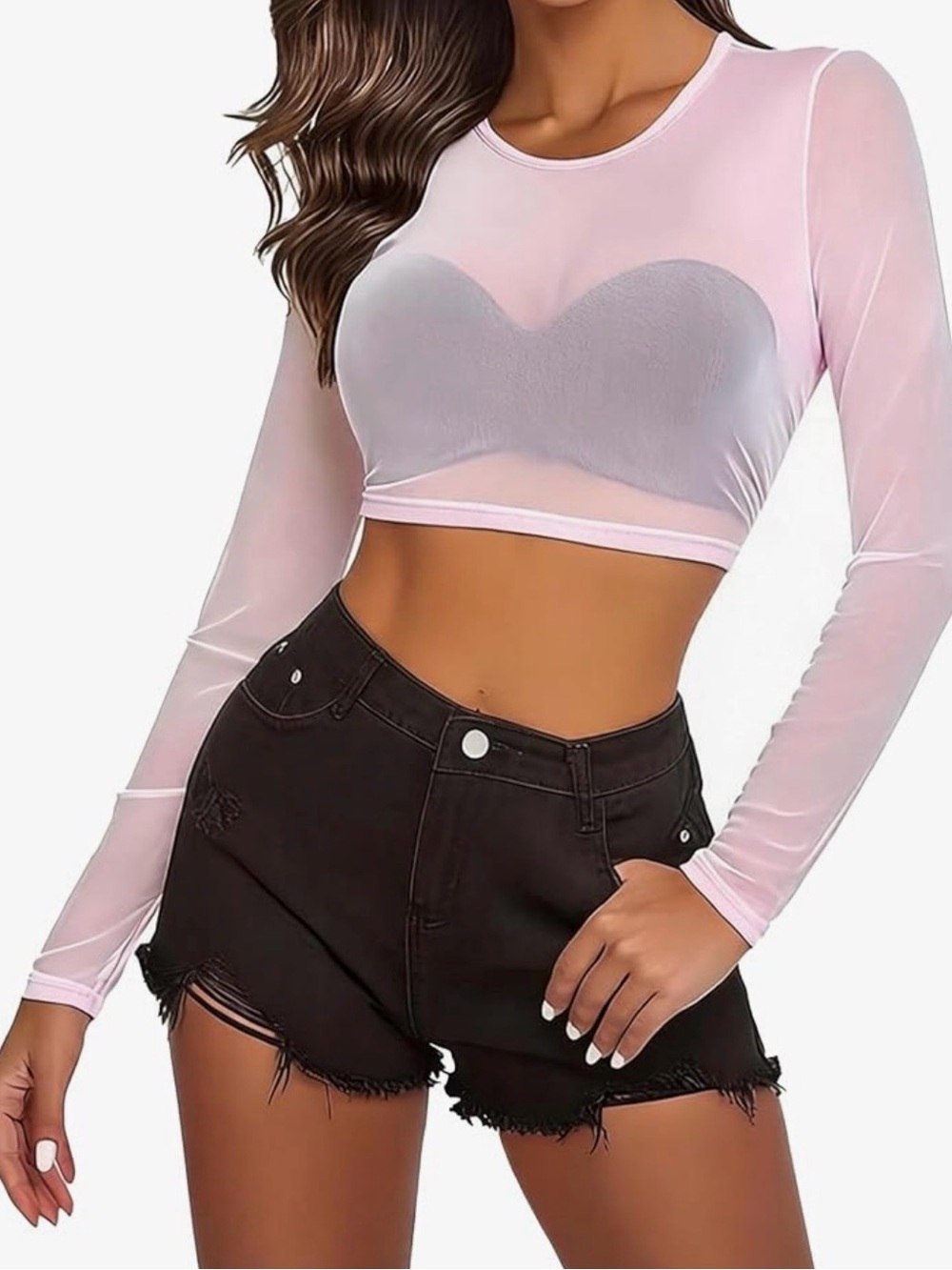 Avidlove Sheer Long-Sleeve Crop Top in Pale Pink